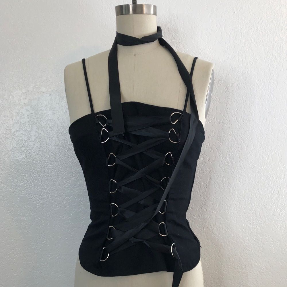 Vtg black corset with metal detail L